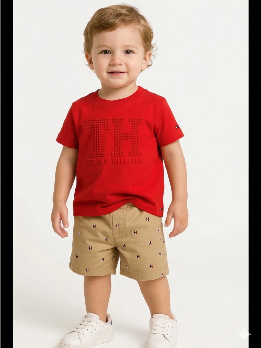 Tommy Hilfger Boys 2Pcs Set Red T-Shirt & Beige Logo Printed Shorts NWT $50